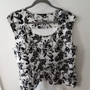 Black and White short sleeve blouse/velvet cutouts